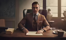 a man sitting at a desk with a book and coffee