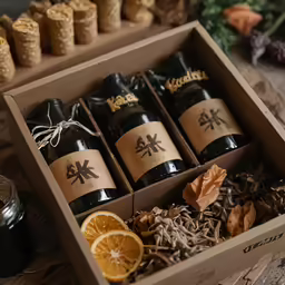 three bottles and a half orange are in a brown box