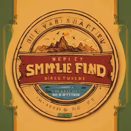 a retro style sign that says, we ply, smiley find,a round sign with a mountain and valley below