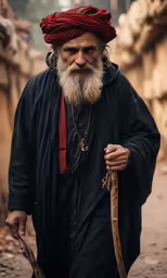 an elderly man with long white hair wearing a turban, carrying a cane and looking around