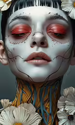 a very realistic looking woman with flowers around her neck