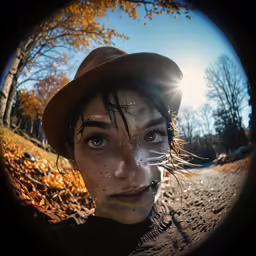 a woman with brown hair and eyes wearing a hat