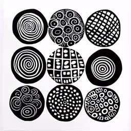 a circle with many designs on it,a black and white artwork piece with nine circles