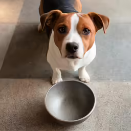 there is a brown and white dog standing next to a food bowl