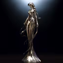 a large statue of a lady dressed in a dress with her hair down and a bright light behind it,the woman stands on a stage holding a lit object