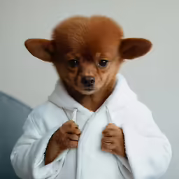 a little brown dog in a robe standing in front of a wall