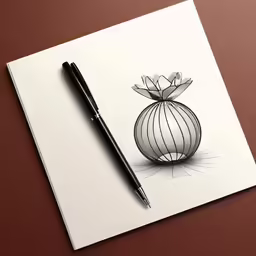 a drawing of an onion and a pen on a notepad