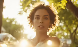 a beautiful woman standing next to a tree