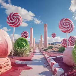 a bunch of lollipop on a pink desert field