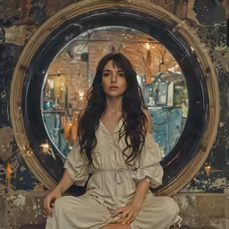 a woman sitting in a chair near a mirror