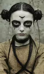 a close up of a woman wearing makeup and horns