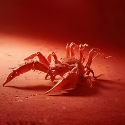 a scorpion sitting on the ground in a dimly lit room