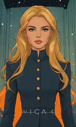 a woman in a black suit and orange jacket