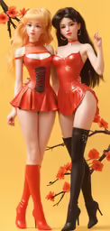 two models are dressed up in red and black outfits