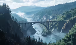 a bridge spanning over a river with a mountain view