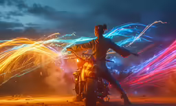 woman on motorcycle watching fireworks in the sky