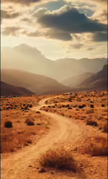 a dirt road runs through the distance towards mountains