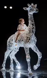 a young boy sitting on a sculpture of a giraffe