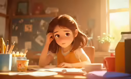 a woman sitting at a table with a book, pencils and books in her hands