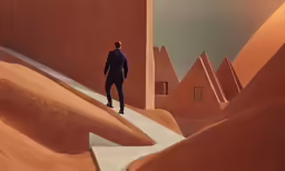 a person is walking up a hill near buildings