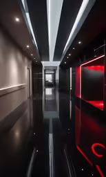 a large hallway with black and white walls