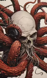 a bunch of large squid are together near a skull