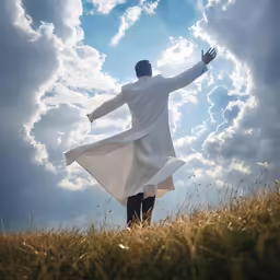 a man is wearing white clothes while standing in the grass