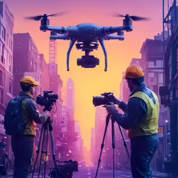 two men standing near a camera holding up their cameras