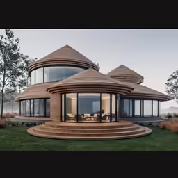 a round wooden structure with lots of windows in the grass