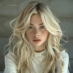 the blonde woman has long wavy hair and blue eyes,a beautiful blond girl with very long hair posing for the camera