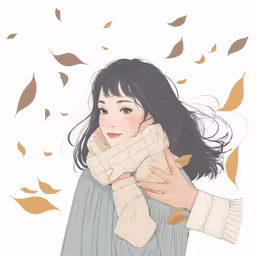 a young girl with long hair is holding her scarf