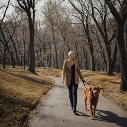 woman with dog on paved path in wooded area