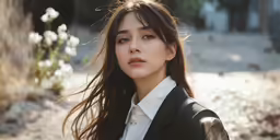 young woman with long brown hair wearing a jacket