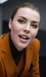 a beautiful woman with black clothes and lipstick