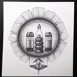 a black and white photo with three bottles on it