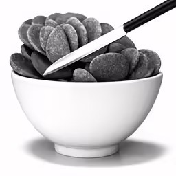 black and white photograph of pebbles in bowl with knife