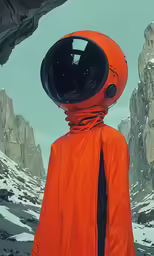 an orange jacket and helmet stands on the rocks of a mountain