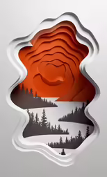 a red paper cut image of a forest with mountains