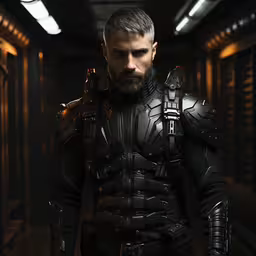 a man with a gun wearing armor and standing in an empty room,a man in a sci - ficent outfit holding some knives