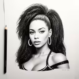 a drawing of a woman with large hoop earrings