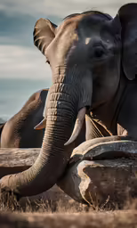 two elephants in a field by some large logs