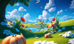 a landscape of white and orange pumpkins with a lake, trees and clouds in the background