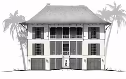 a two story white house with palm trees in the background