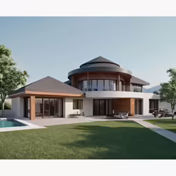 a large house with a pool and some trees