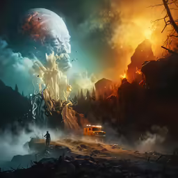a man stands in a landscape of skulls and a mountain