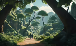 a couple walking through the woods by some tall trees