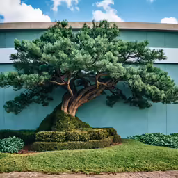 a very beautiful small tree in front of a building