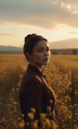 a beautiful woman standing in a field with the sun coming down