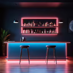 two black stools and a purple and red light