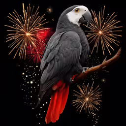a bird sitting on top of a branch near fireworks